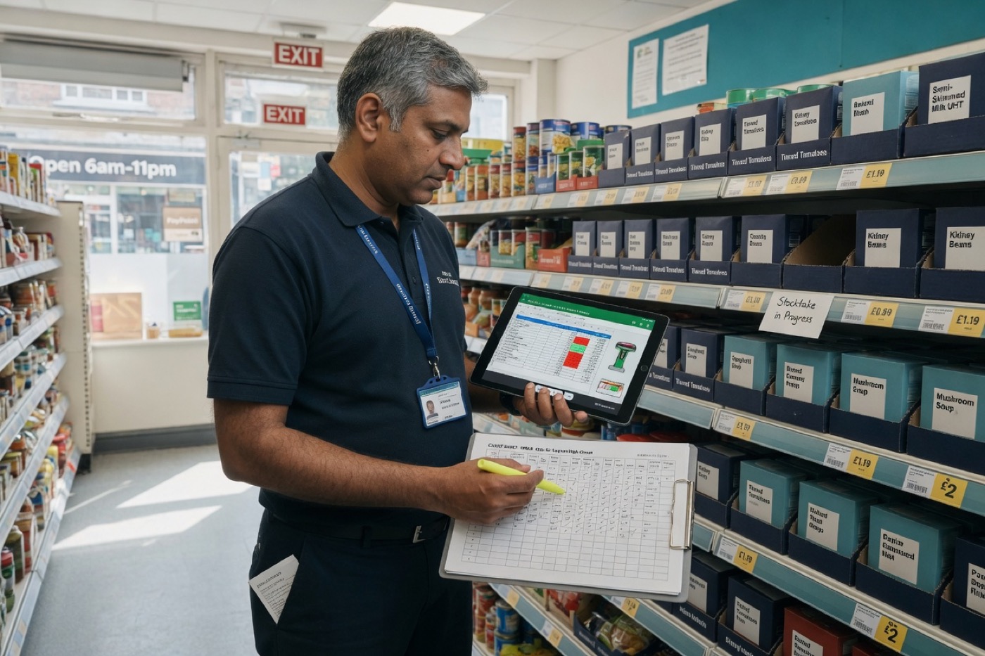 Inventory worker reviewing stock information on a tablet